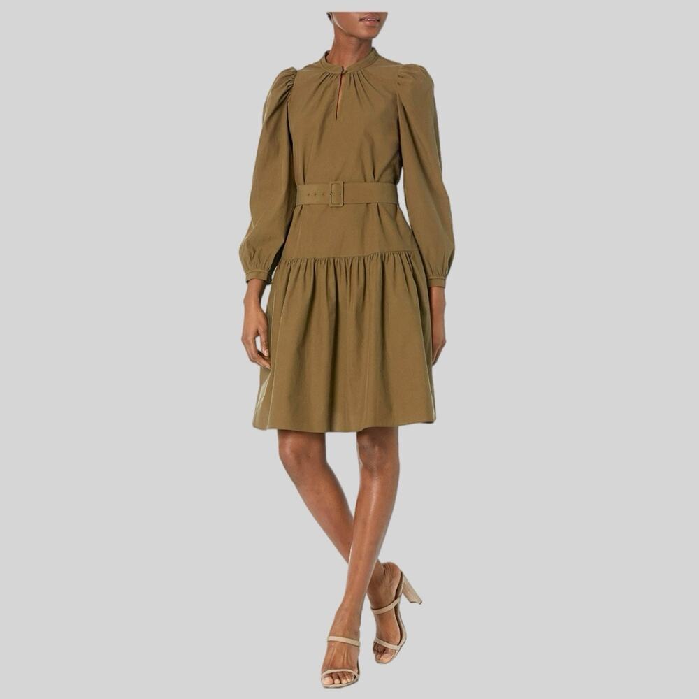 Rebecca Taylor Puff Sleeve Midi Dress 2 Olive Cotton Blend Pockets Career Preppy